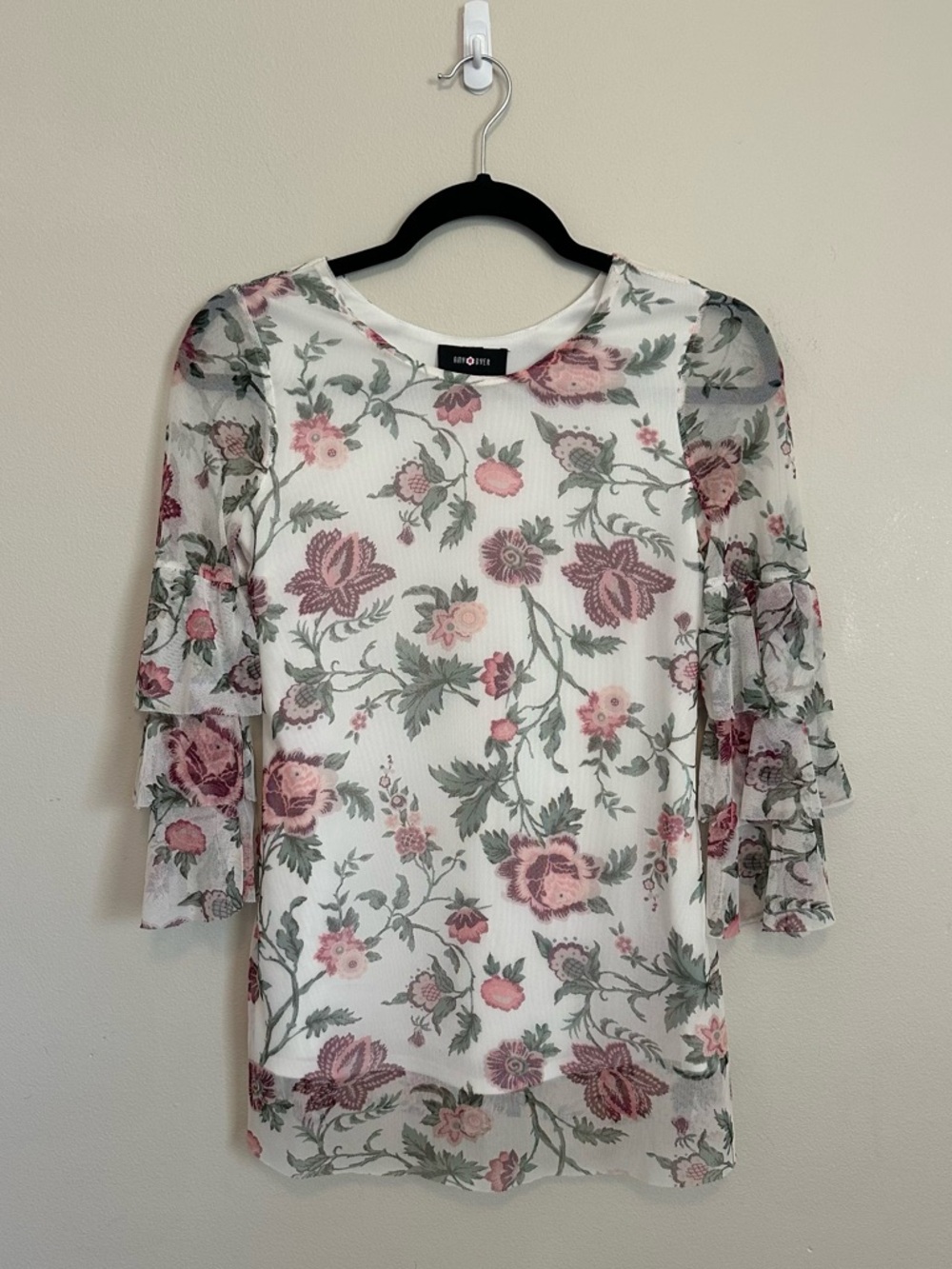 Amy Byer Floral Mesh Bell Sleeve Blouse Girls L White Pink Romantic Cottagecore